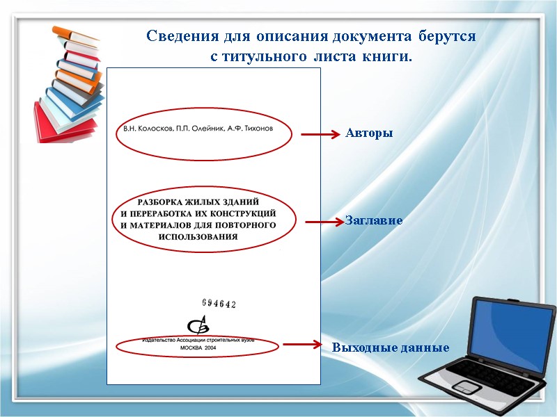 Сведения для описания документа берутся  с титульного листа книги.  Авторы Заглавие Выходные